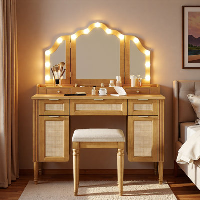 44.37"makeup Vanity Desk With 13 Hollywood Bulbs, 3 Lighting Modes Tri-fold Mirror, 3 Large Drawers, 2 Desktop Drawers, Open Tabletop Organizer, 2 Cabinets, Charging Station And Stool