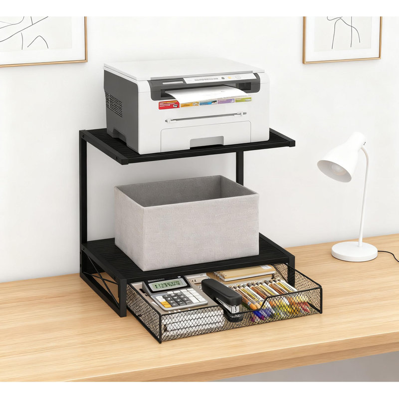 Support d'imprimante à 2 niveaux avec tiroir de rangement, tablette de bureau robuste pour imprimantes, scanneurs, fax, fournitures de bureau et livres