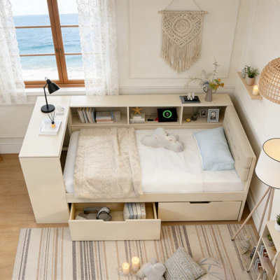 Wood Twin Size Platform Bed with Storage Shelves, Drawers