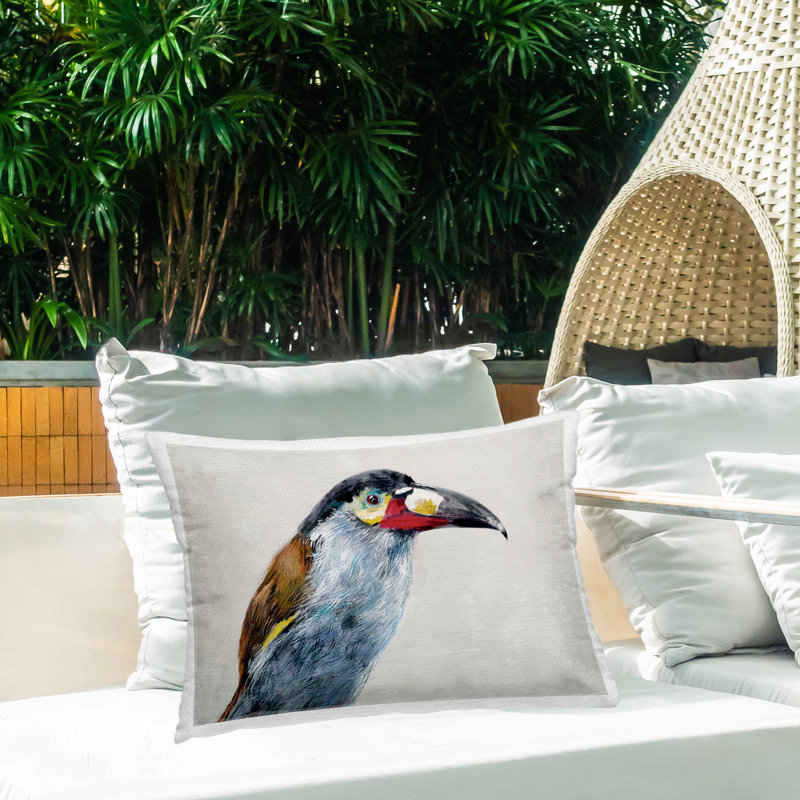 Black Billed Mountain Toucan Outdoor Printed Pillow design by Jacob Q, Rectangle 14"H x 20"W, White Toucan