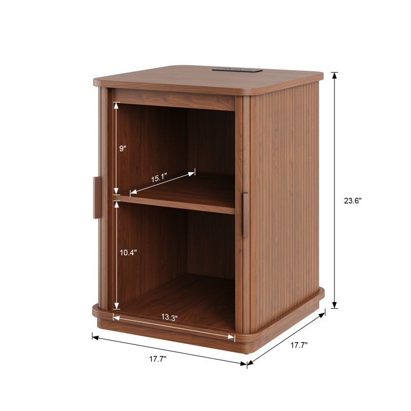 Modern 17.7" Square Wooden End Table with Built-in Charging Station and Storage Cabinet, Perfect for Living Room, Bedroom and Sofa Side