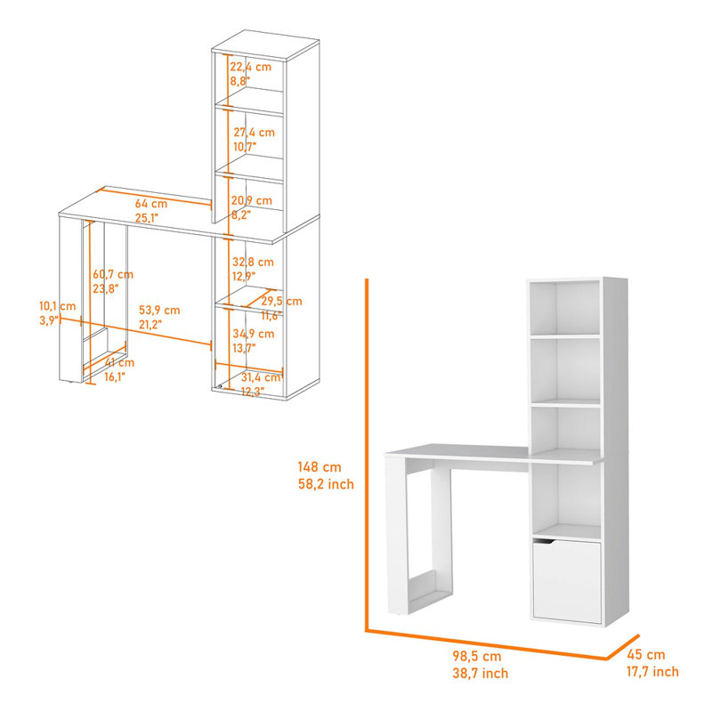 Computer Desk With 4-Tier Bookcase And 1-Door Cabinet, White