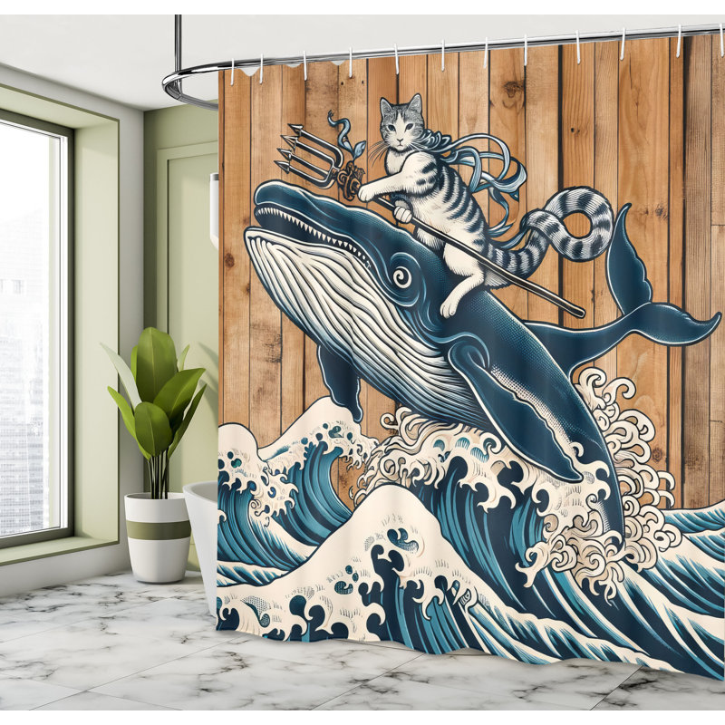 Nautical Pale Caramel and Petrol Blue Fabric Shower Curtain