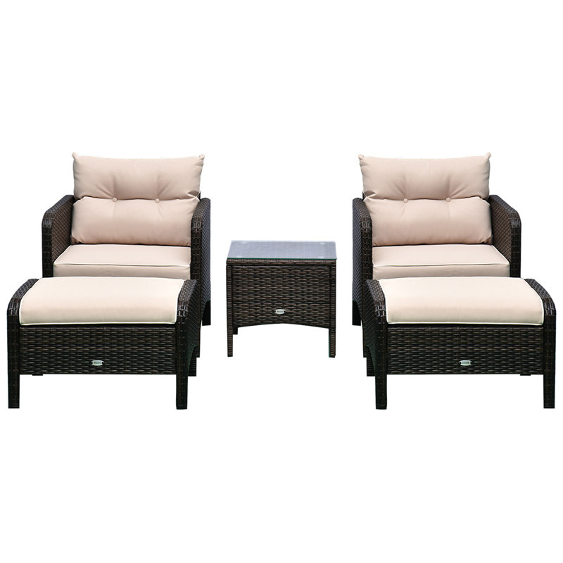 Ensemble de conversation pour patio 5 pièces en rotin et osier avec 2 chaises rembourrées, 2 repose-pieds et table basse en verre trempé, brun / beige