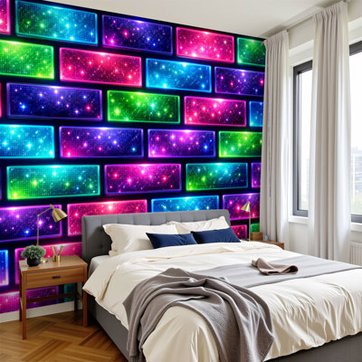 Papier peint adhésif peler et coller en briques lumineuses colorées en forme de briques lumineuses scintillantes H 100 po x l 144 po, papier peint amovible en PVC pour chambre à coucher, bureau à domicile