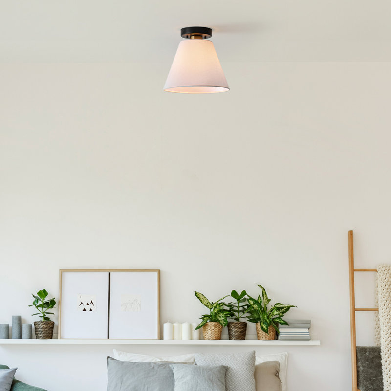 1-Light Semi-Flush Mount Ceiling Light, Matte Black, Matte Brass Accent, White Linen Shade, Home Improvement, Dining Room, Kitchen