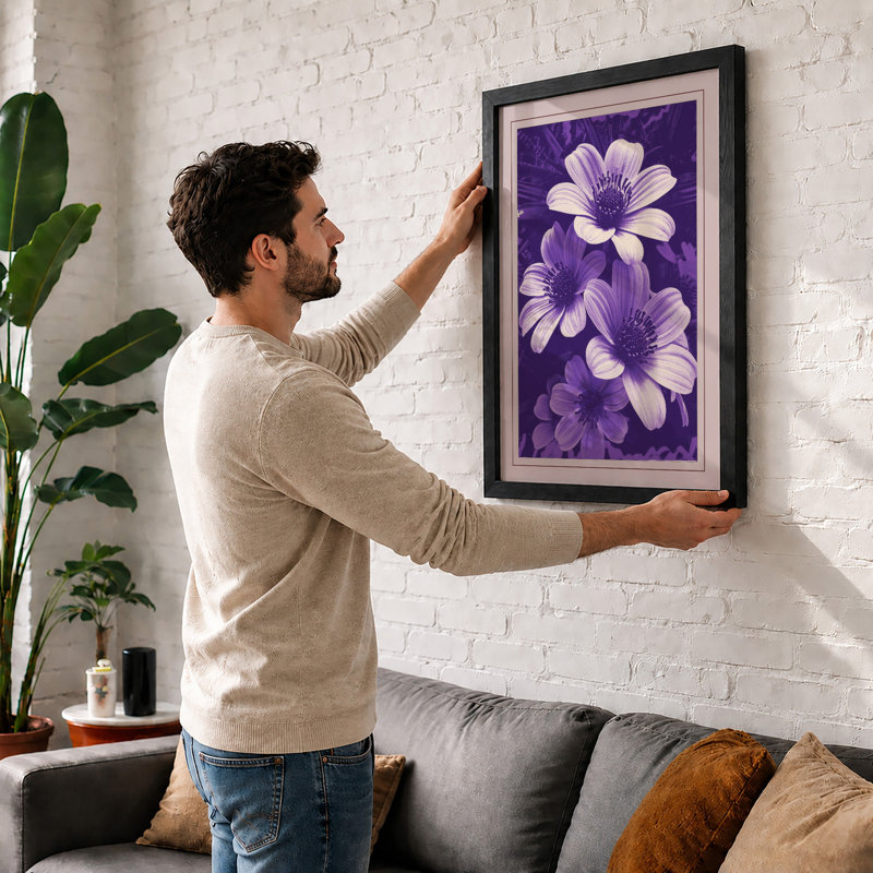 Purple Daisies in Focus Botanical - Framed Print, A2 - 59.4 x 42.0 cm, Oak