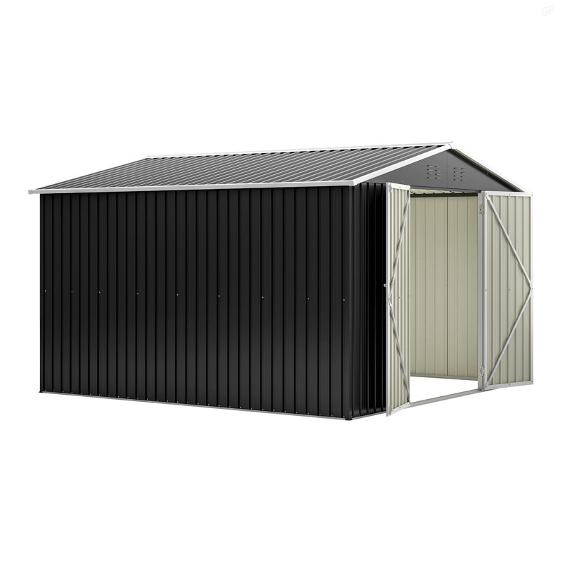 Remise de rangement extérieure 10 pi x 10 pi, rangement utilitaire en métal avec portes verrouillables et structure de cadre actualisée, grande remise de jardin en métal pour la cour arrière, pelouse de patio, noir