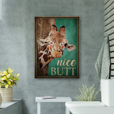 Girafe qui cligne de l'œil - jolie toile tendue avec toile tendue - décor d'illustrations animales de salle de bain et de lessive, décor de salle de bain brun et vert