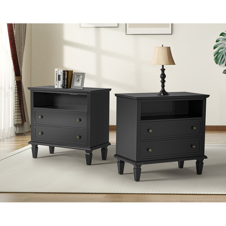 Amberlyn 2-Drawer Nightstand with Built-In Outlets and Solid Wood Legs Black (Set of 2)