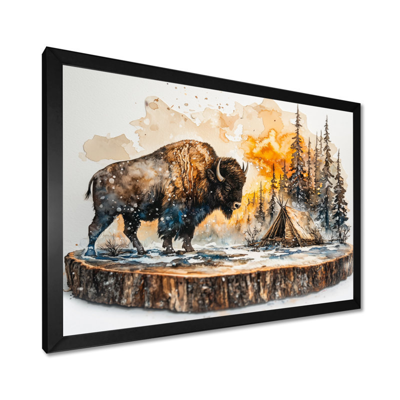Bison in Winter Forest Landscape I - Bison, art mural, Cadre simple, Noir, H 12 po x l 20 po