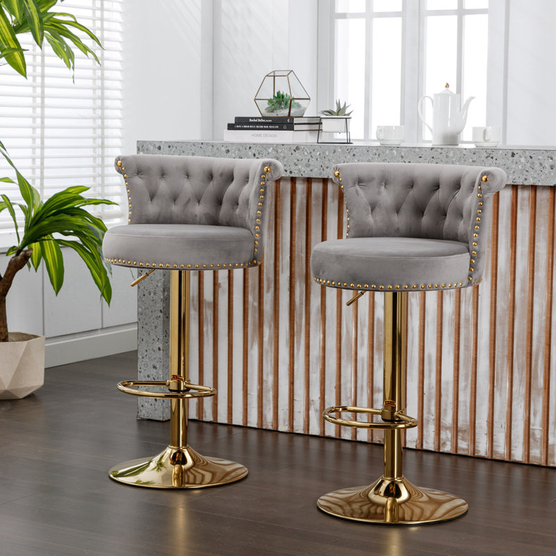 Jenyiah Swivel Upholstered Adjustable Height Counter Stool with Metal Frame, Grey