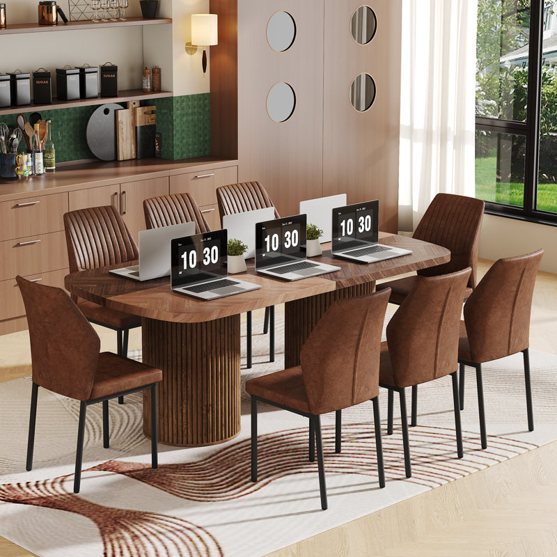 78.7" Large Farmhouse Kitchen Dinning Table Set Double Robust Pedestal, Brown Wood/Natural Wood, Brown