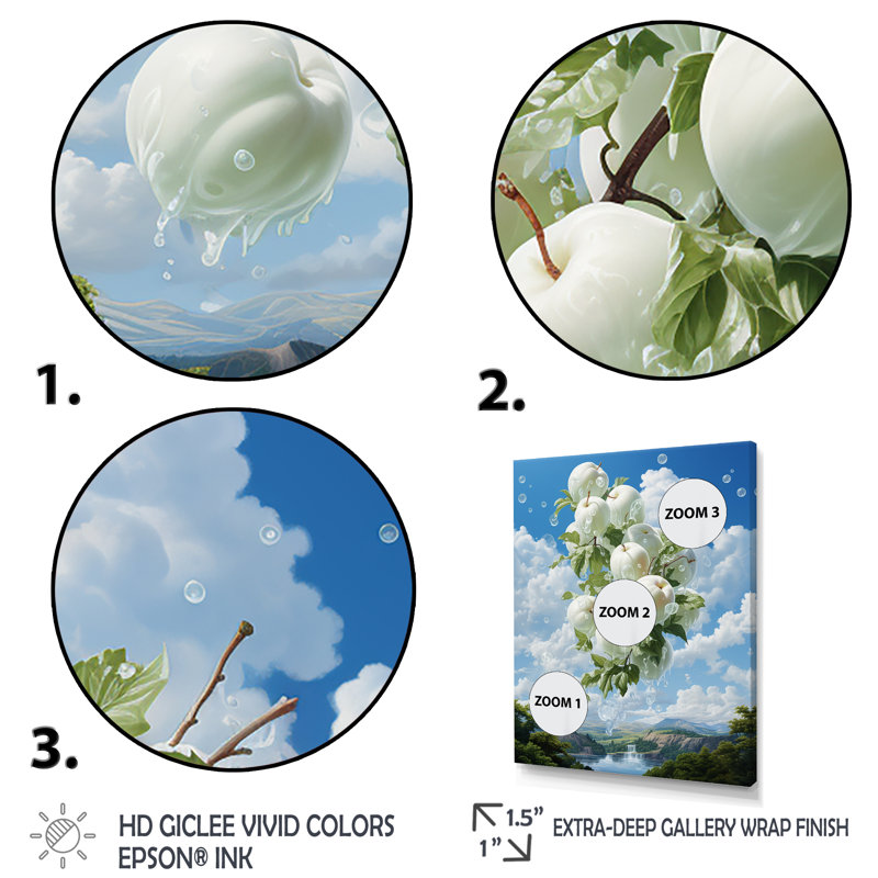 Pomme, Ascension, nuage, blanc, surréel I - fruits, art mural, H 32 po x l 16 po x P 1 po