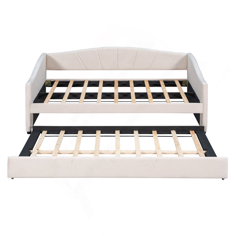 Upholstered Daybed Sofa Bed Twin Size With Trundle Bed And Wood Slat, Beige