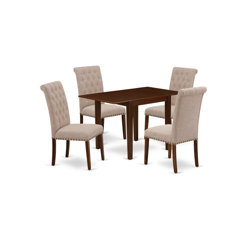 Cet ensemble de salle à manger 5 pièces comprend une table de salle à manger rectangulaire avec Dropleaf et 4 chaises rembourrées en tissu brun clair en acajou