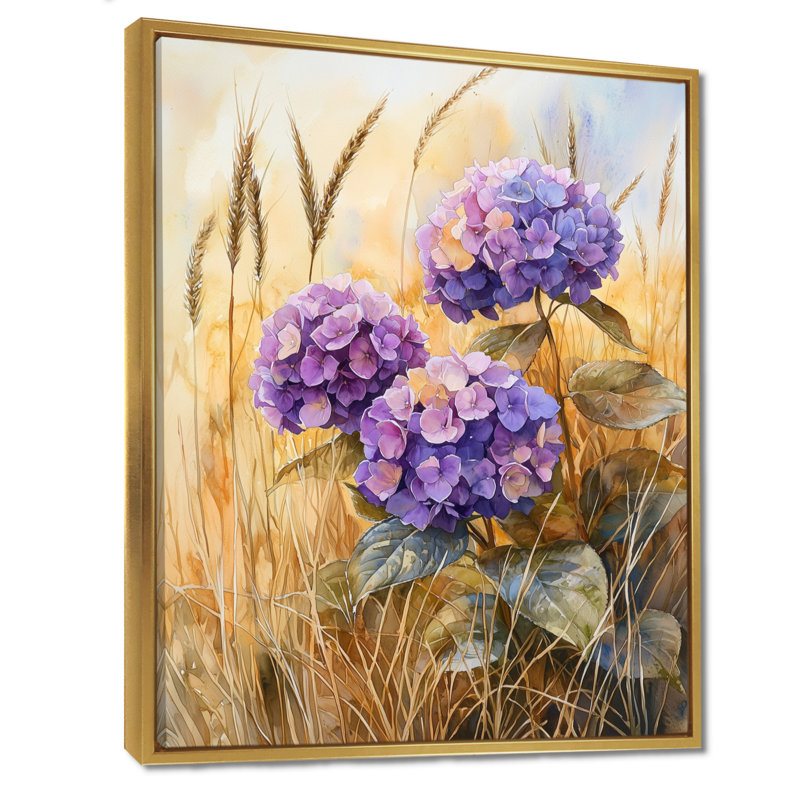 Hortensias dans un champ doré I - hydrangées, art mural, H 20 po x l 12 po, Reproduction avec cadre flottant, Doré
