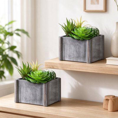 Set of 2 Artificial Mixed Succulents & Cactus, Faux Plant Arrangements in Grey Square Wooden Pots, Farmhouse Table Decor