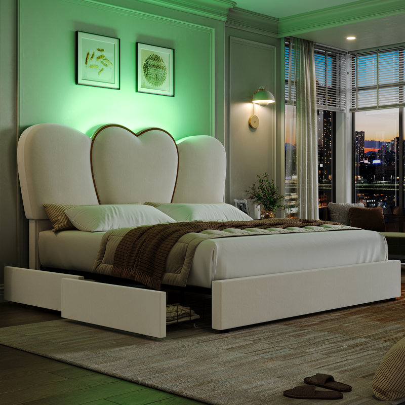 Kraus Velvet Upholstered Platform Storage Bed with LED Lights, Queen