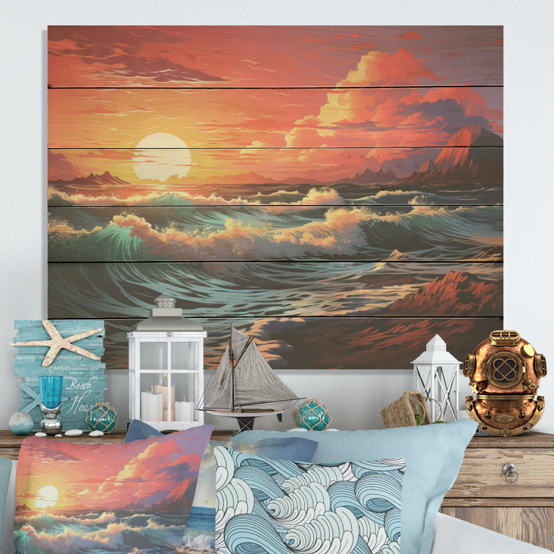 Rainbow Beach Sunset - océan, art sur bois de pin naturel, H 30 po x l 40 po