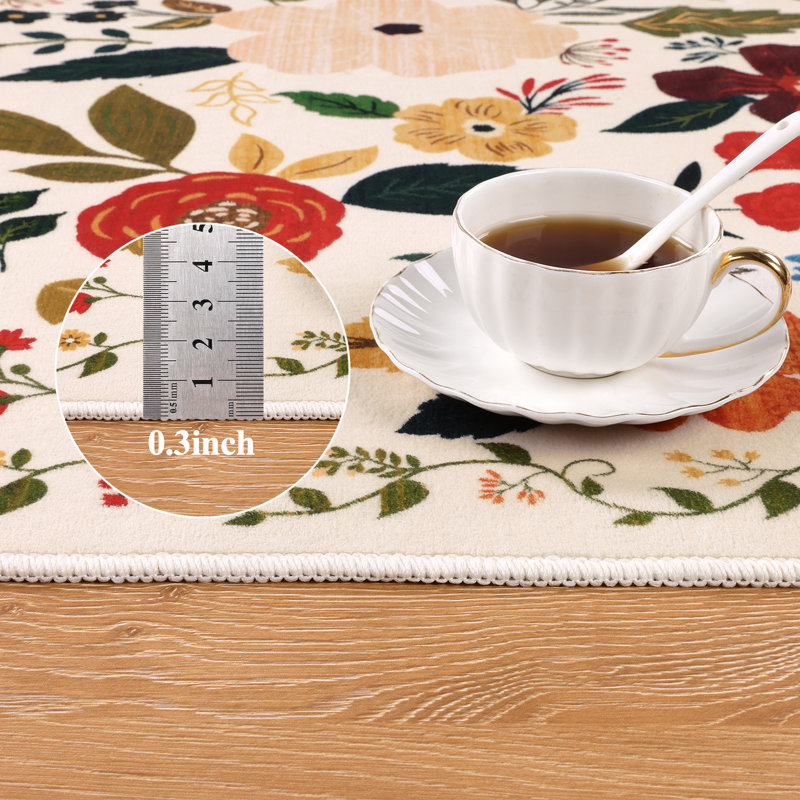 Beige Floral Machine Washable Area Rug with Non-Slip Backing, Rectangle 5' x 7'