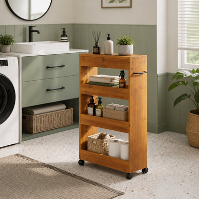 Solid Wood Kitchen Cart, Rolling Kitchen Trolley with 4-Tier Storage for Small Spaces