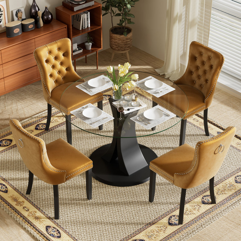 4-Piece Round Pedestal Dining Set, Yellow, 29.5" H x 39.7" W x 39.7" D, Clear