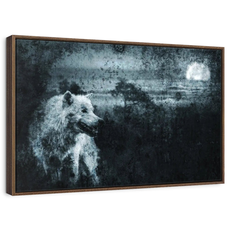 Loup solitaire blanc, 19 po x 13 po, Cadre flottant noyer