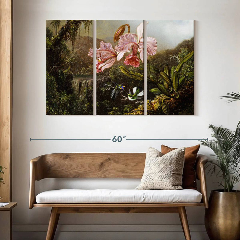 Orchidées Harnek et colibris dans la jungle brésilienne, H 32 po x l 50 po