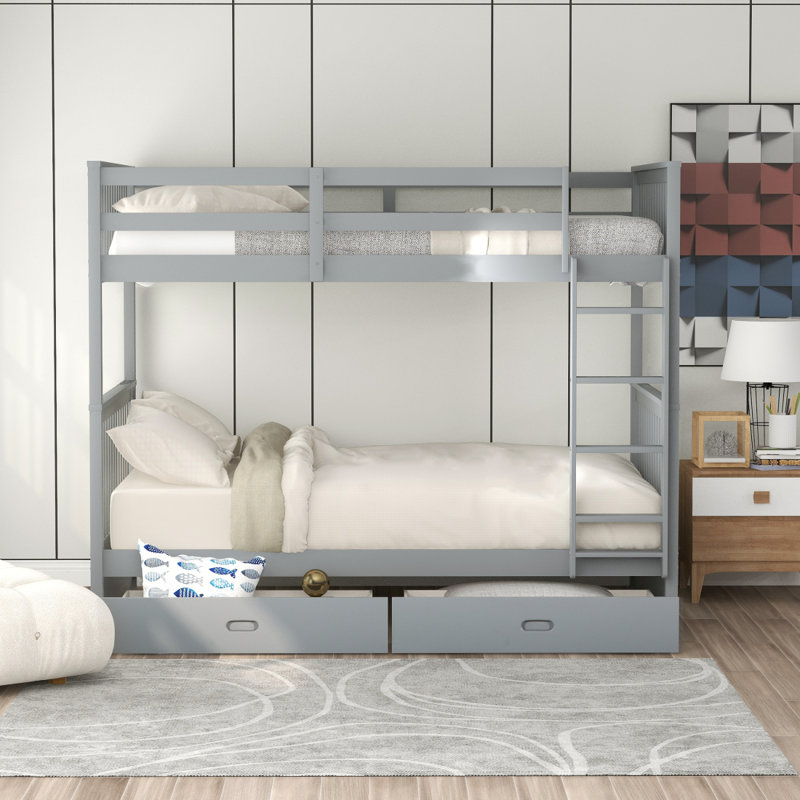 Lit superposé simple au-dessus de simple avec échelles et deux tiroirs de rangement (gris) (LT000265AAE), Gris
