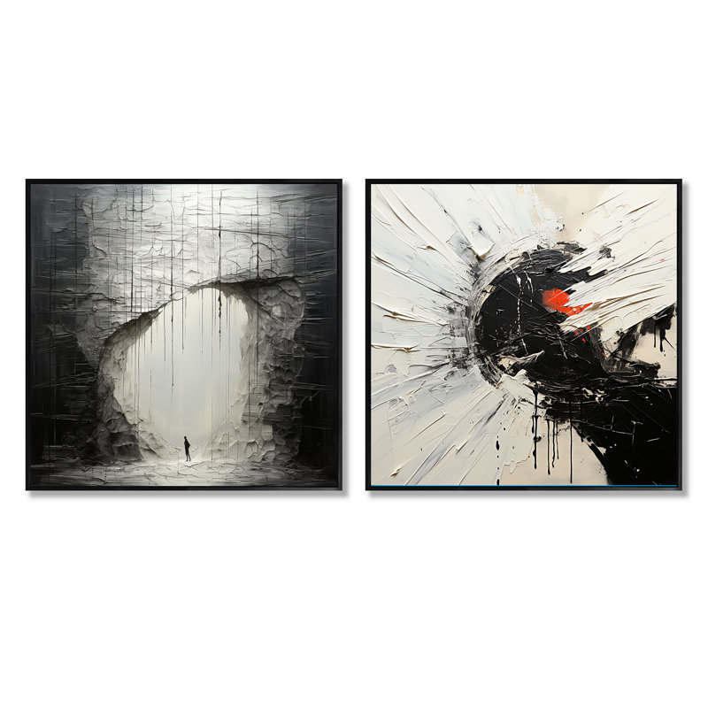 Minimalisme, solitude, méditation, ensemble de 2 collages abstraits, Cadre flottant noir, H 16 po x l 33 po