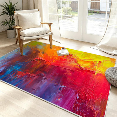 Tapis rouge lavé à la machine à motif abstrait multicolore, rouge et abstrait