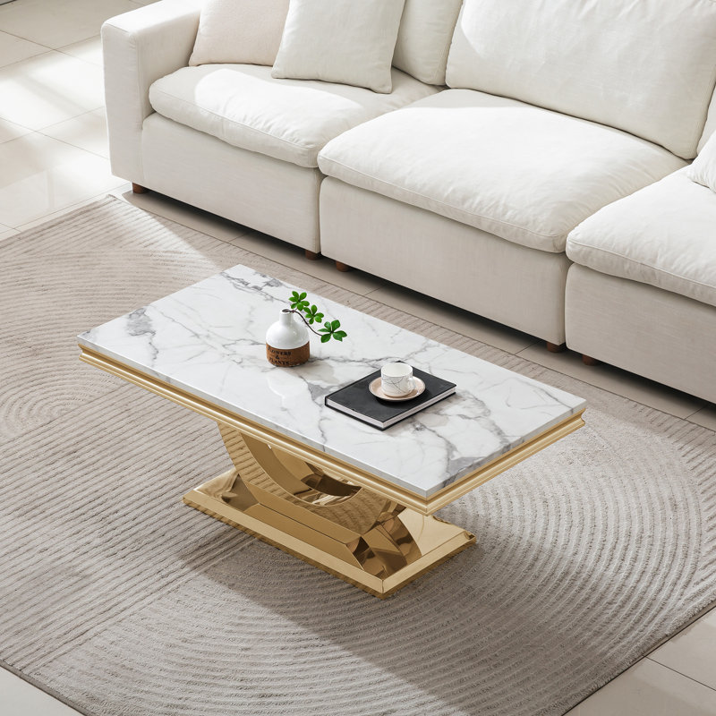 Luxury Faux Marble Coffee Table, 46.85" White Sofa Coffee Table with 0.71" Thick Marble Tabletop and Mirrored Stainless Steel Base, Modern Cocktail Table Center Table for Living Room Office