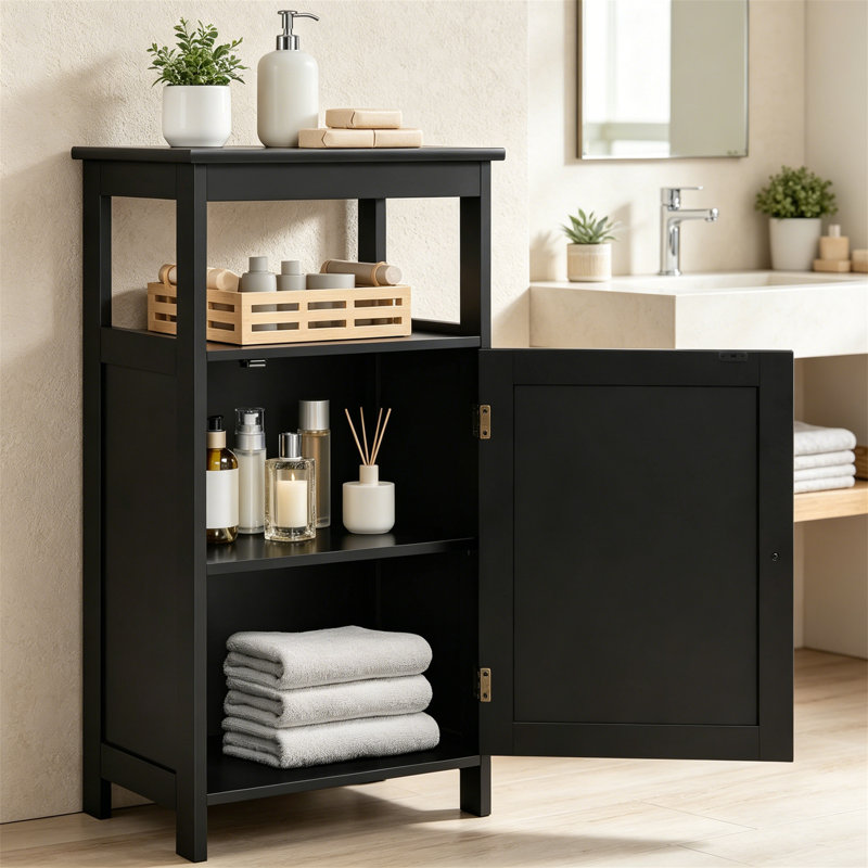 Armoire de rangement pour salle de bain à 4 niveaux avec porte et tablette réglable, armoire latérale étroite, noir
