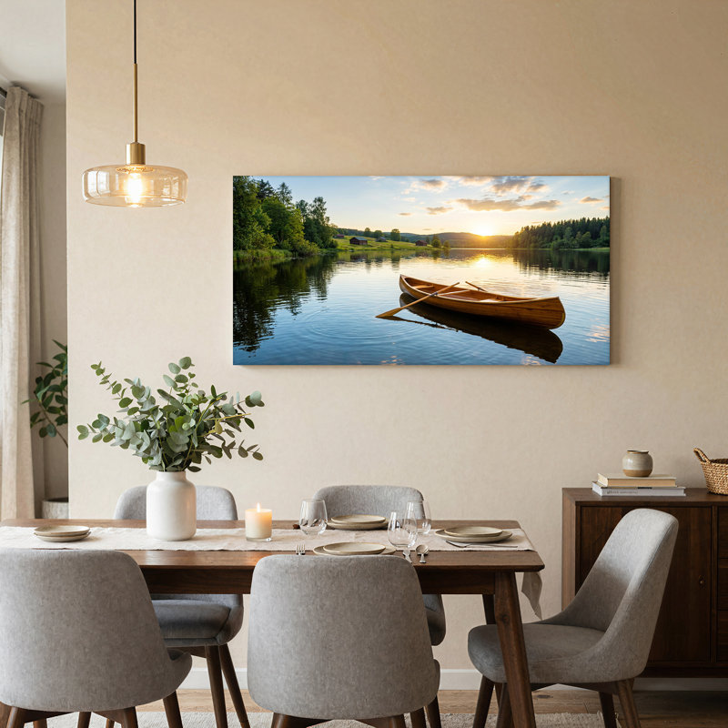 Art mural sur toile en bois avec canots et rames sur un coucher de soleil doré, 32“W x 16”H