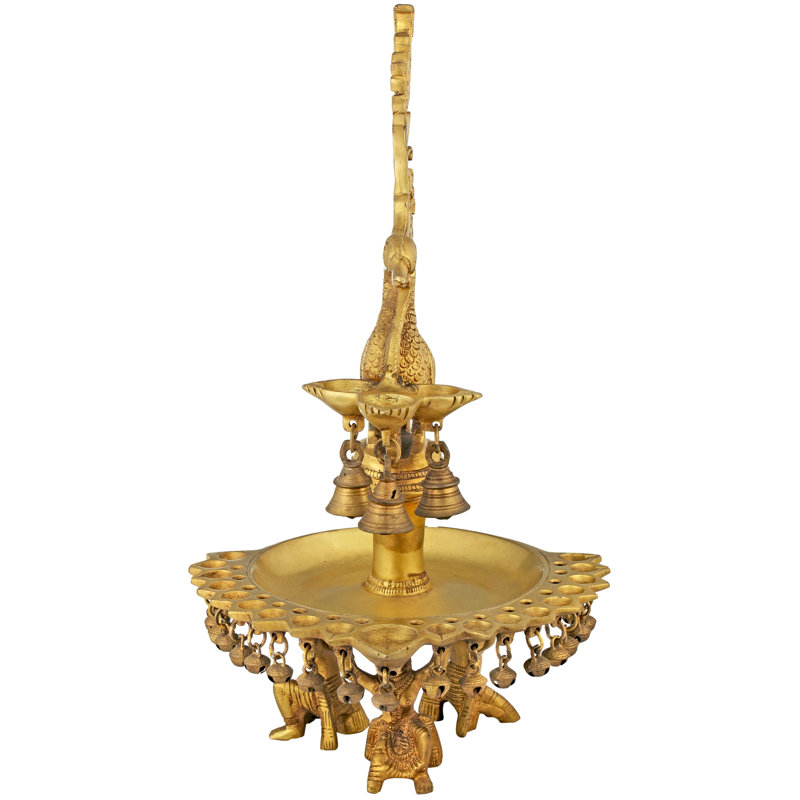 15" Handcrafted Brass Peacock Oil Lamp with Hanging Bells – 22-Wick Traditional Indian Diya Stand – Artisan Global Home Décor