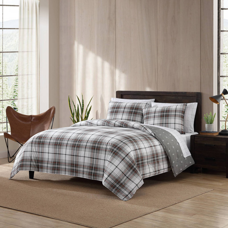 Twin Charcoal and Red Plaid Cotton Duvet Cover Set