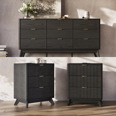 Ensemble de chambre à coucher 3 pièces, commode 9 tiroirs et tables de chevet 3 tiroirs