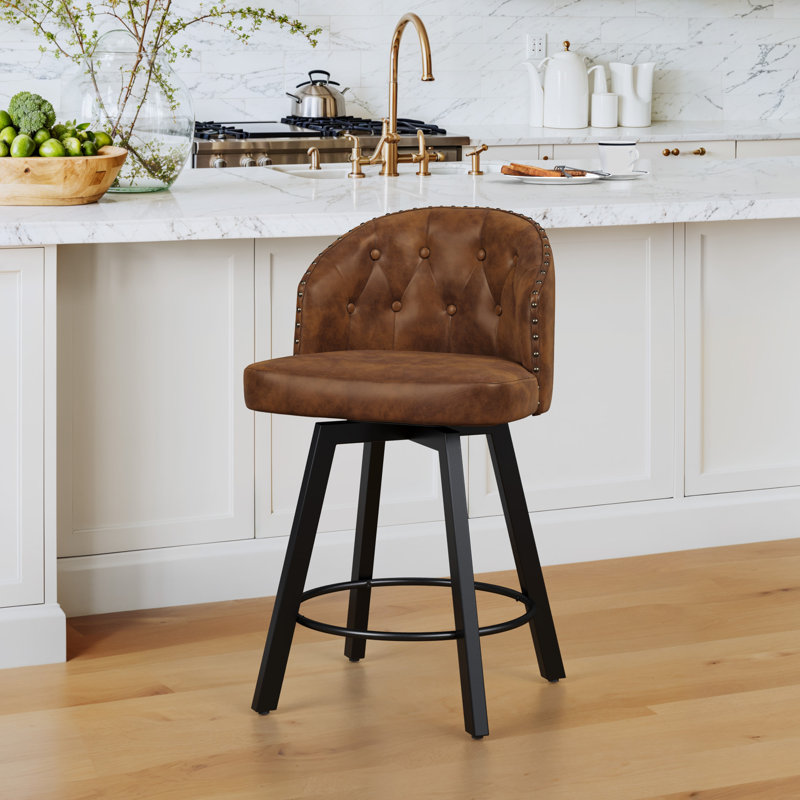 26" Swivel Upholstered Counter Stool With Backrest and Metal Frame, Brown/Faux Leather