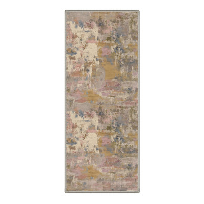 Machine Washable Abstract Ivory / Pink / Gold Hallway Runner With Non-Slip Backing