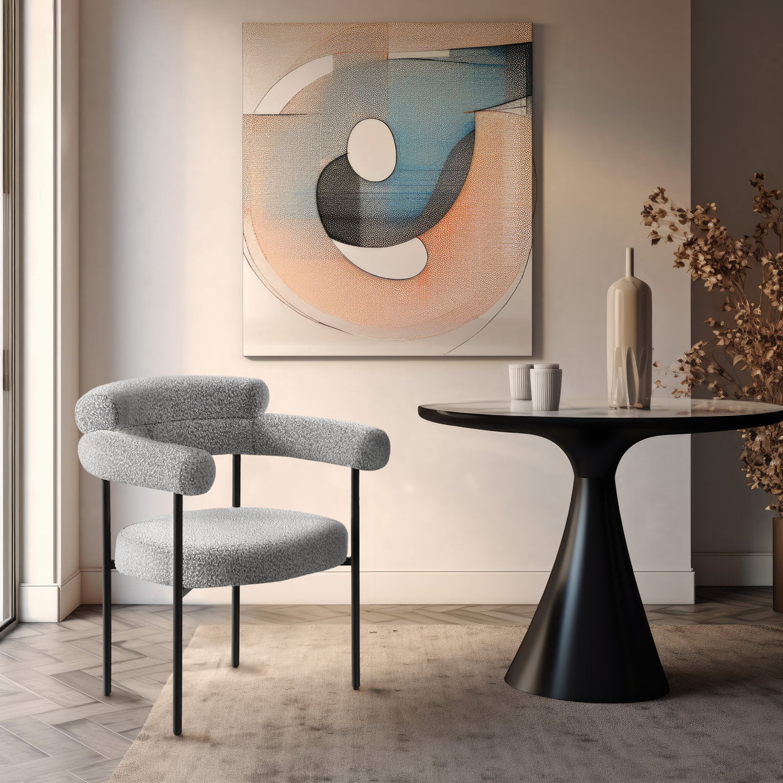 Dining Armchair, Matte Black, Gray