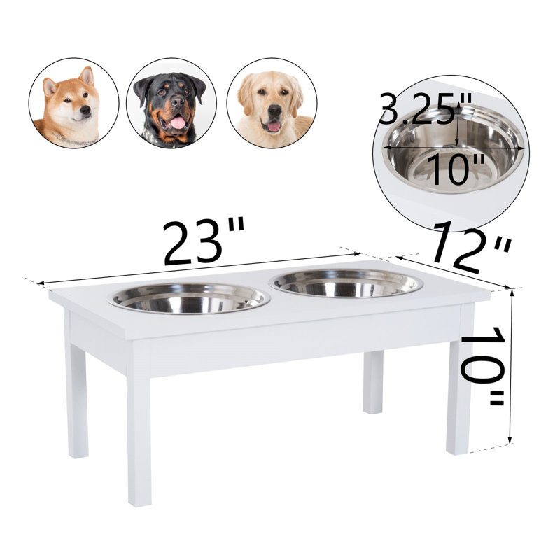 White Elevated Wooden Pet Feeding Station with Stainless Steel Bowls
