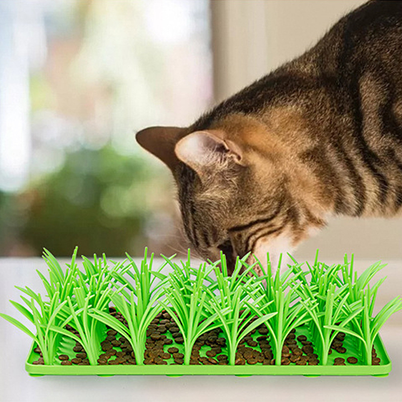Cat Puzzle Feeder Silicone Grass Mat For Cats, Green Grass