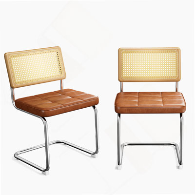 Ensemble de 2 chaises de salle à manger en rotin naturel, chaises de salle à manger modernes avec dossier en bois massif pour le salon de la cuisine, inspiré du design Mid-Century Breuer, similicuir rembourré 