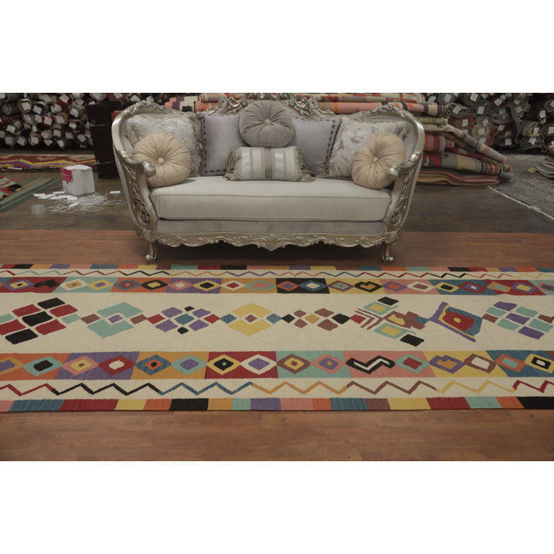 Tapis de couloir oriental géométrique en laine Kilim 5 x 18
