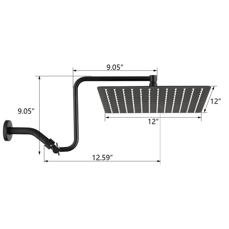 Pomme de douche de luxe de 12 pouces avec acier inoxydable et bras réglable - noir mat Elegance