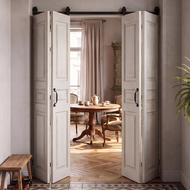 Double Bi-Folding System Solid Oak Barn Door UMBRIA, White
