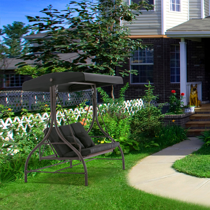 Black 3-Seat Outdoor Patio Swing Chair with Adjustable Backrest