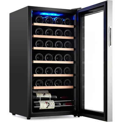 28-Bottle Compressor Wine Cooler, Freestanding Cellar with Digital Temp Control & Wood Shelves