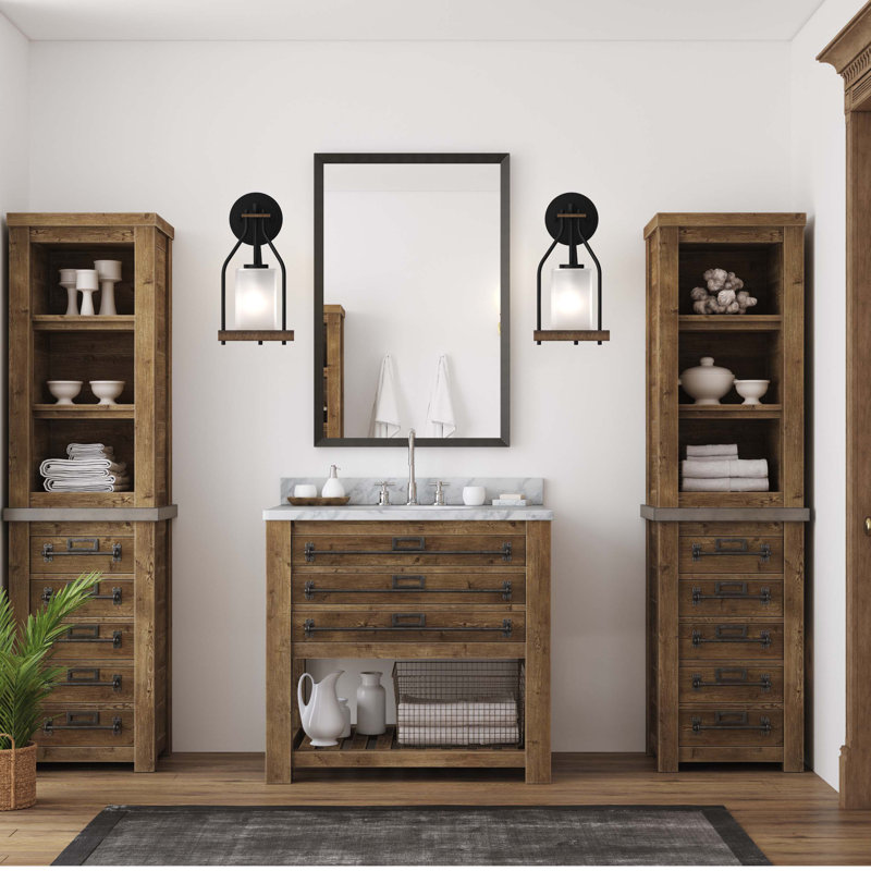  Emery 1-Light Indoor Walnut & Black Vanity Wall Armed Sconce or Wall Mount with Frosted Glass Cylinder Shade